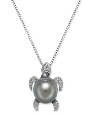 Cultured Tahitian Black Pearl (10mm) & Diamond (1/10 Ct. T.w.) Turtle 18 Pendant Necklace In Sterling Silver