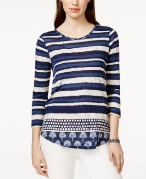 Lucky Brand Three-quarter-sleeve Mixed Media Top