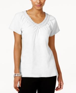 Jm Collection Petite Crochet-neck Cotton Top, Created For Macy's
