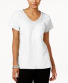 Jm Collection Petite Crochet-neck Cotton Top, Created For Macy's