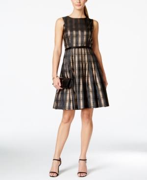 Tahari Asl Metallic Plaid Flare Dress