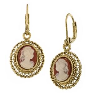 2028 Gold Tone Simulated Dark Orange Cameo Oval Drop Earrings