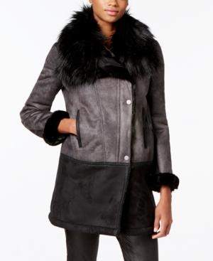 T Tahari Faux-fur-trim Colorblocked Faux-shearling Coat