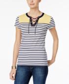 Charter Club Petite Striped Lace-up Top, Created For Macy's