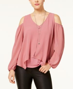 Bcx Juniors' Split-front Cold-shoulder Blouse With Necklace