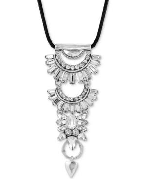 Lucky Brand Silver-tone Crystal Black Leather Slider Necklace