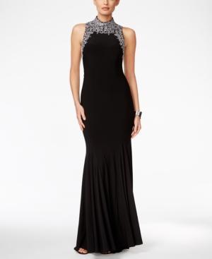 Betsy & Adam Embellished Mock-neck Gown