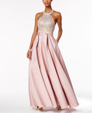 Xscape Beaded Open-back Halter Ball Gown