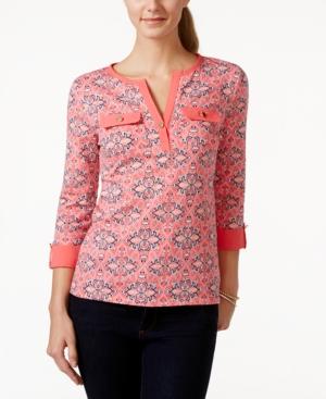 Charter Club Petite Printed Split-neck Roll-tab Top, Only At Macy's