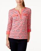 Charter Club Petite Printed Split-neck Roll-tab Top, Only At Macy's