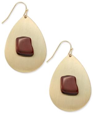 Gold-tone Metallic Teardrop Stone Center Drop Earrings