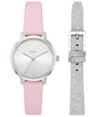 Dkny Women's Modernist Pink Leather Strap Watch 32mm Gift Set, Created For Macy's