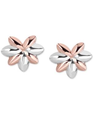 Tricolor Flower Stud Earrings In 10k Gold, White Gold & Rose Gold
