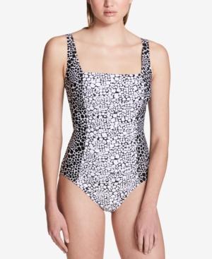 Calvin Klein Printed Pleated One-piece Swimsuit, Created For Macy's Style Women's Swimsuit