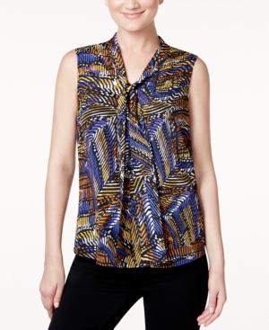 Kasper Printed Tie-neck Top