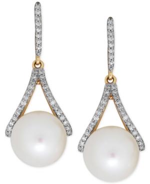 Freshwater Pearl (9mm) And Diamond (1/5 Ct. T.w.) Drop Earrings In 14k Gold