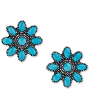 Manufactured Turquoise(3-1/8 Cttw) Flower Stud Earrings In Sterling Silver