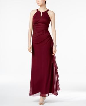 Betsy & Adam Ruched Halter Gown