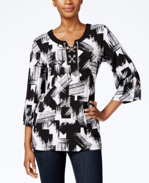 Jm Collection Printed Lace-up Top, Only At Macy's