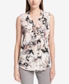Calvin Klein Printed Pleat-detailed V-neck Blouse