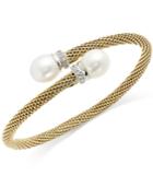 Cultured Freshwater Pearl And Cubic Zirconia Mesh Cuff Bracelet In 14k Gold Over Sterling Silver (10mm)