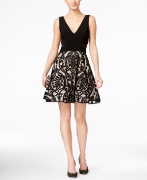 Xscape Petite Embroidered V-neck Fit & Flare Dress
