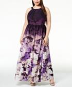 Betsy & Adam Plus Size Floral-print Halter Gown