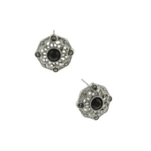 2028 Silver-tone Black Crystal And Marcasite Button Earrings