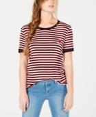 Rebellious One Juniors' Rose-patch Striped Ringer T-shirt