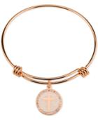 Unwritten Cross Disc Charm Bangle Bracelet In Rose Gold-tone Stainless Steel