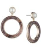 Dkny Gold-tone Imitation Pearl & Horn Drop Hoop Earrings, Created For Macy's