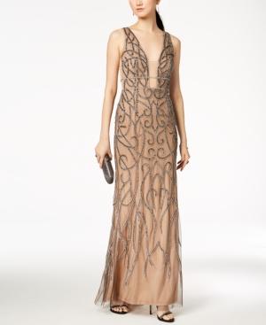 Adrianna Papell Beaded Chainmail Plunge Gown