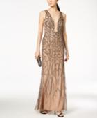 Adrianna Papell Beaded Chainmail Plunge Gown