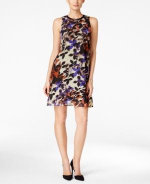 Sl Fashions Faux-leather-trim Printed Shift Dress