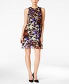 Sl Fashions Faux-leather-trim Printed Shift Dress