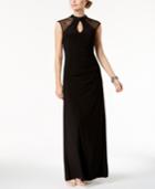 Betsy & Adam Mesh Keyhole Mock-neck Gown