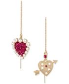 Betsey Johnson Gold Tone Crystal & Imitation Pearl Heart Mismatch Earrings