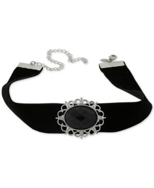 2028 Silver-tone Black Stone Velvet Choker Necklace