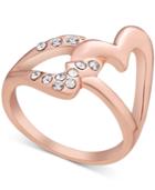 Guess Rose Gold-tone Crystal Double Heart Statement Ring