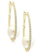 Effy Cultured Freshwater Pearl (9mm) & Diamond (1/5 Ct. T.w.) Hoop Earrings In 14k Gold