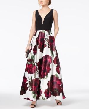 Xscape Solid & Floral-print Plunge Gown