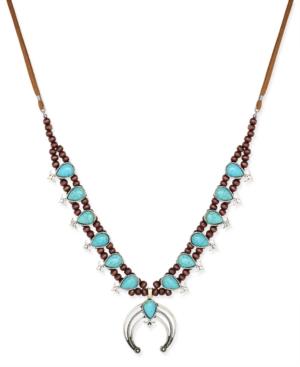 Silver-tone Turquoise-look Faux Suede Beaded Horn Pendant Necklace