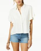 Freshman Juniors' Ruffle-sleeved Button-front Cropped Blouse