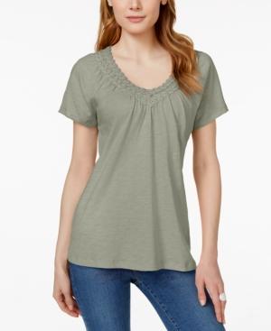 Jm Collection Short-sleeve V-neck Crochet-trim Top, Only At Macy's