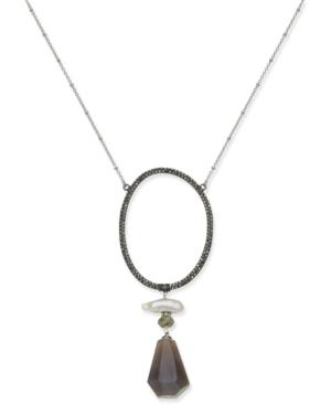 Paul & Pitu Naturally Two-tone Multi-stone & Imitation Pearl Open Oval Pendant Necklace
