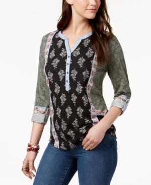 Style & Co Mixed-print Tab-sleeve Henley, Created For Macy's