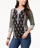 Style & Co Mixed-print Tab-sleeve Henley, Created For Macy's