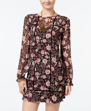 City Studios Juniors' Floral-print Ruffle-sleeve Shift Dress