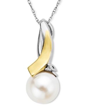 14k Gold And Sterling Silver Necklace, Cultured Freshwater Pearl (9mm) And Diamond Accent Loop Pendant