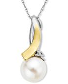 14k Gold And Sterling Silver Necklace, Cultured Freshwater Pearl (9mm) And Diamond Accent Loop Pendant